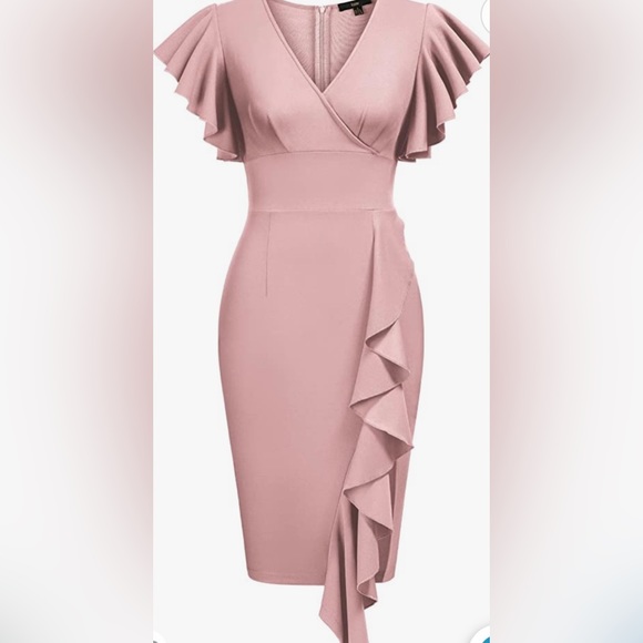 PLUS SIZE WOMENS V-NECK RUFFLE SLEEVED COCKTAIL PARTY PENCIL SLIT FORMAL DRESS - Picture 2 of 4